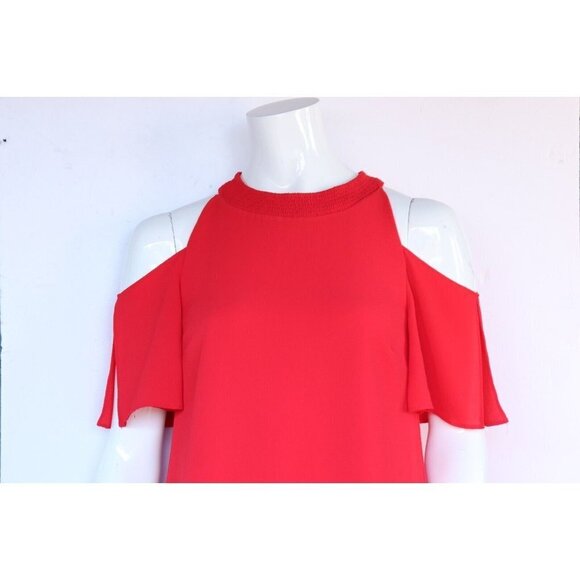 Zara Basic Collection Womens Size XS Red Cold-Shoulder Dress Flutter Sleeve Mini - Picture 2 of 7